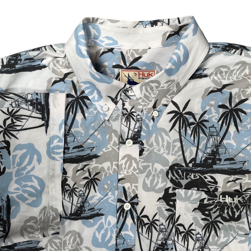 Huk Fishing Button Down Shirt Mens 2XL White Blue Tropical Palm Tree Performance